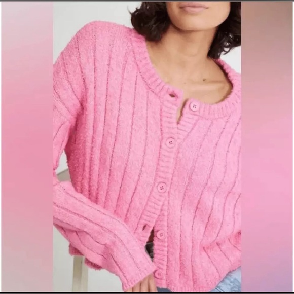 PacSun LA Hearts button front cardigan sweater cropped pink ribbed plush size S - Picture 2 of 10